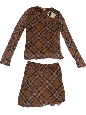 NWT Crown of Hearts Plaid Tan Mesh Long Sleeve Top & Matching Skirt - Size S